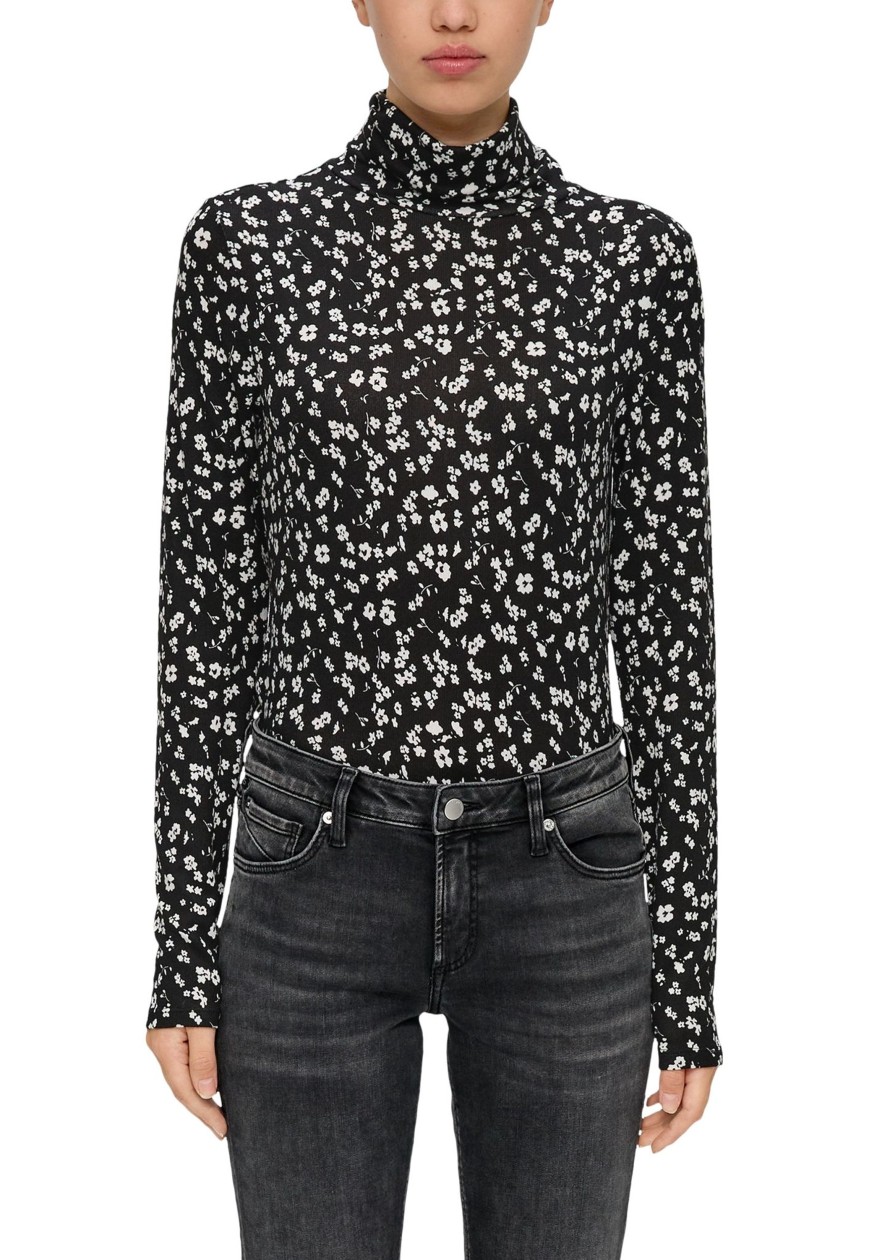 Dames S.Oliver | Qs By S.Oliver Print Col Shirt Black 2135426 99A6