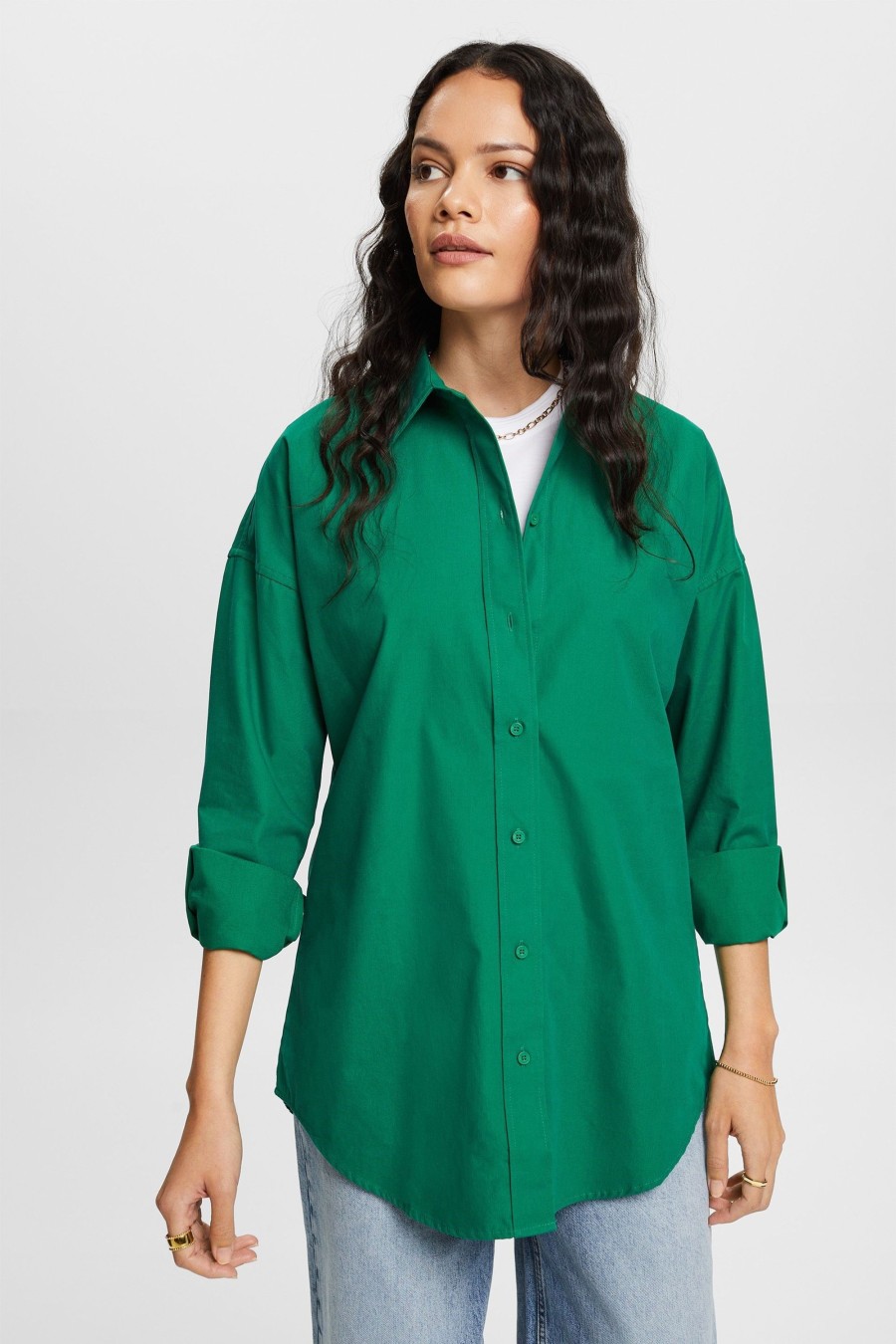 Dames Esprit | Esprit Katoenen Blouse Dark Green 073Ee1F310 300