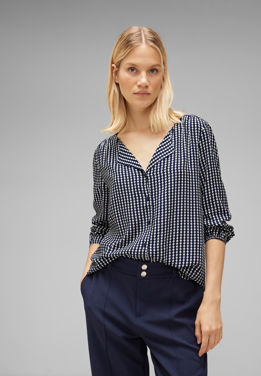 Dames Street One | Street One Ruit Blouse Deep Blue 344195 21238